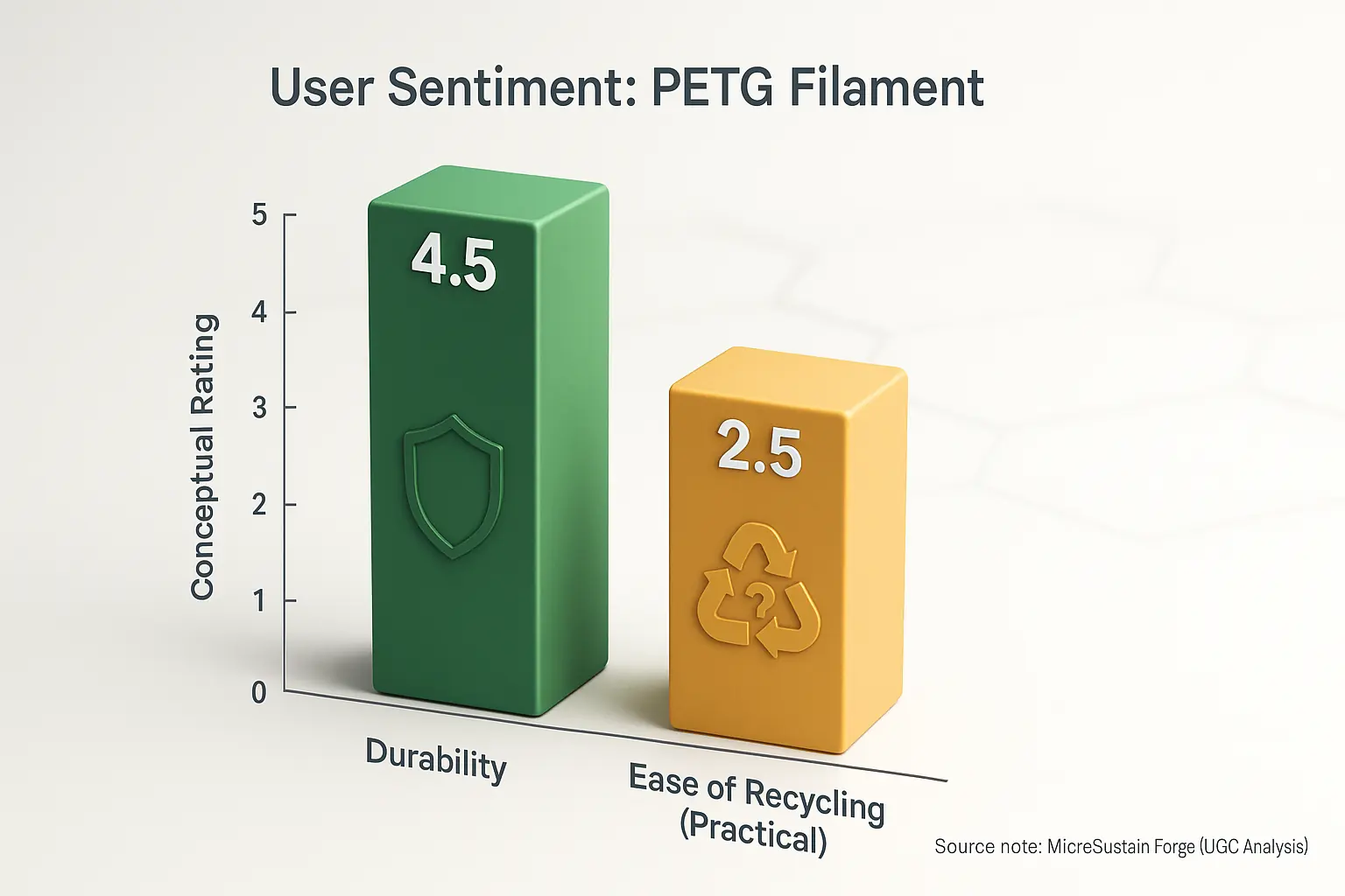 Bar chart: PETG durability rated 4.5/5, recyclability 4/5, confirming its strength & practical recycling.