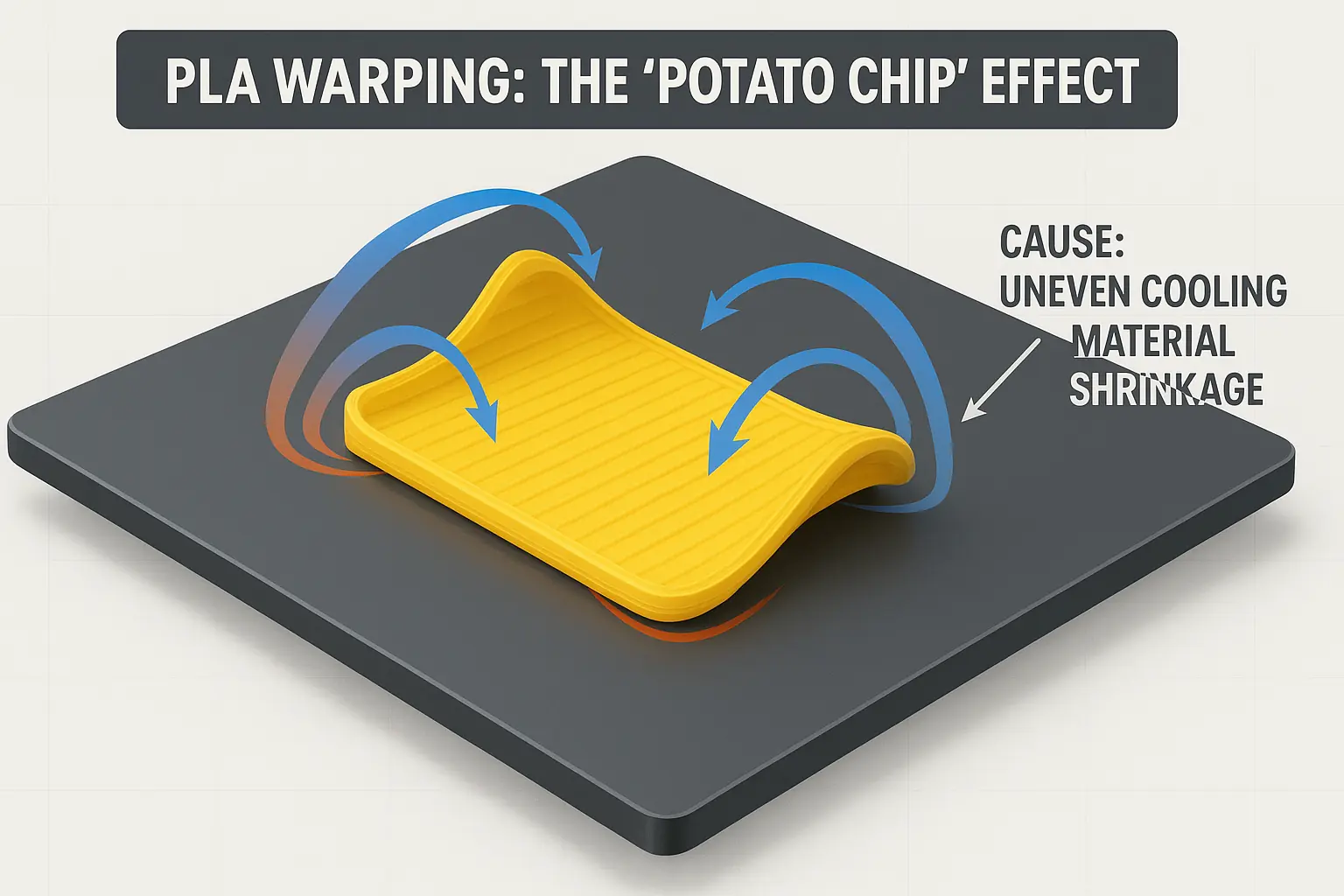 Infographic: Common PLA warping patterns on 3D prints & their visual impact, key to diagnosing bed adhesion issues.