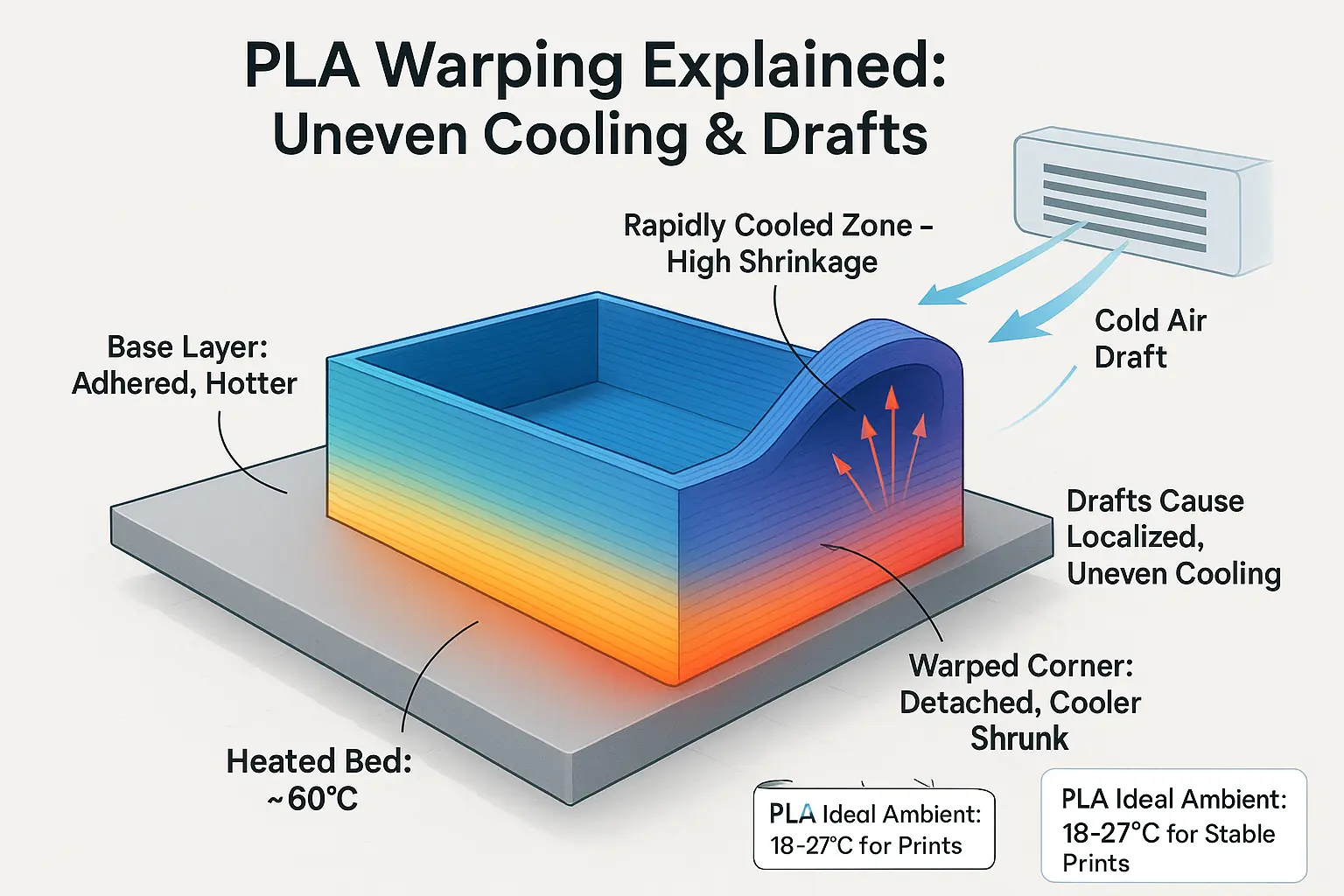 Infographic: Visualizes how uneven cooling & drafts create temperature gradients & forces, causing PLA print warping & bed