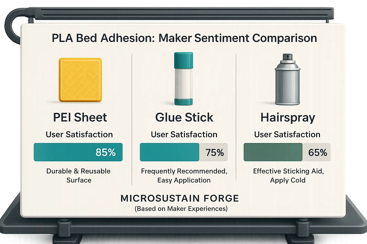 Infographic comparing PLA bed adhesion effectiveness (glue, hairspray, PEI) via user sentiment, for warp-free prints.
