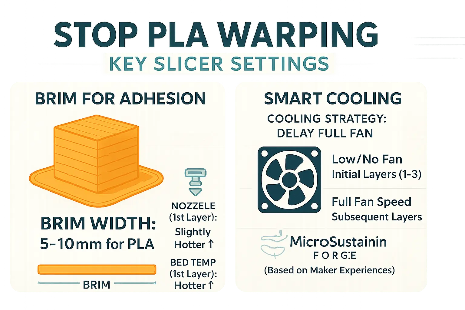 Infographic: Community-tested PLA slicer settings (nozzle, bed, fan, brim/raft) with ranges/tips to prevent warping.