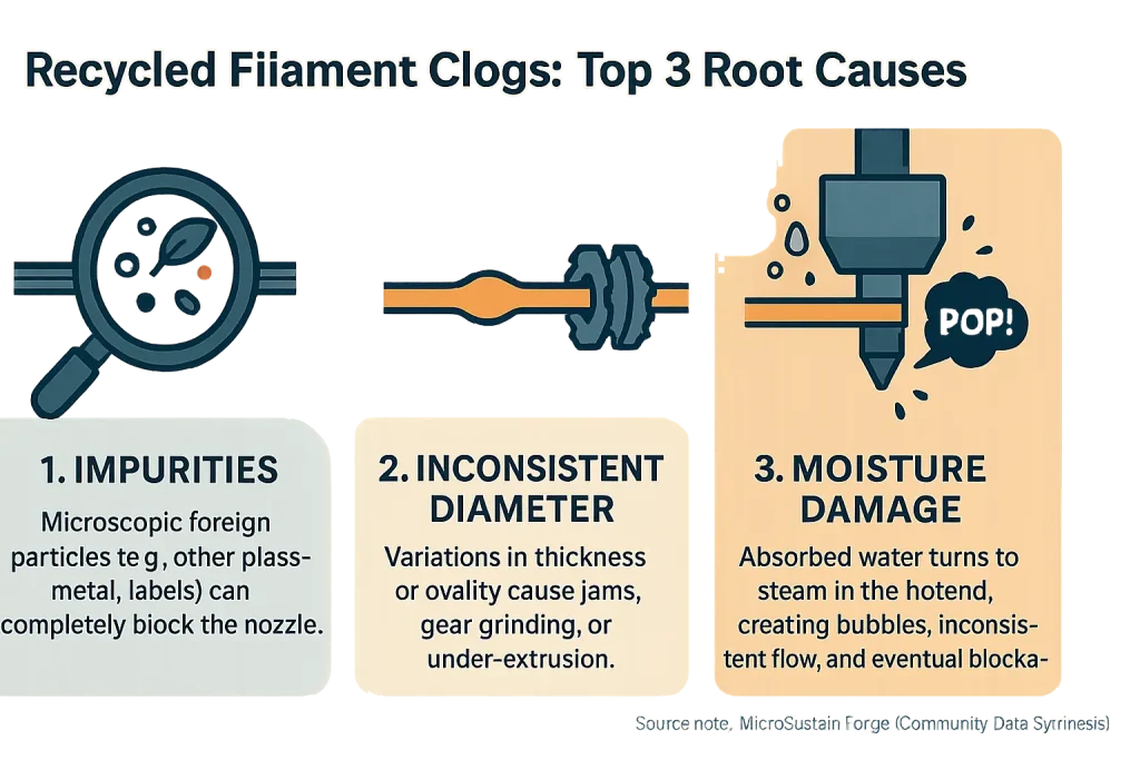 Infographic with icons: Top 3 causes of recycled filament clogs - Impurities, Inconsistent Diameter, Moisture Damage.