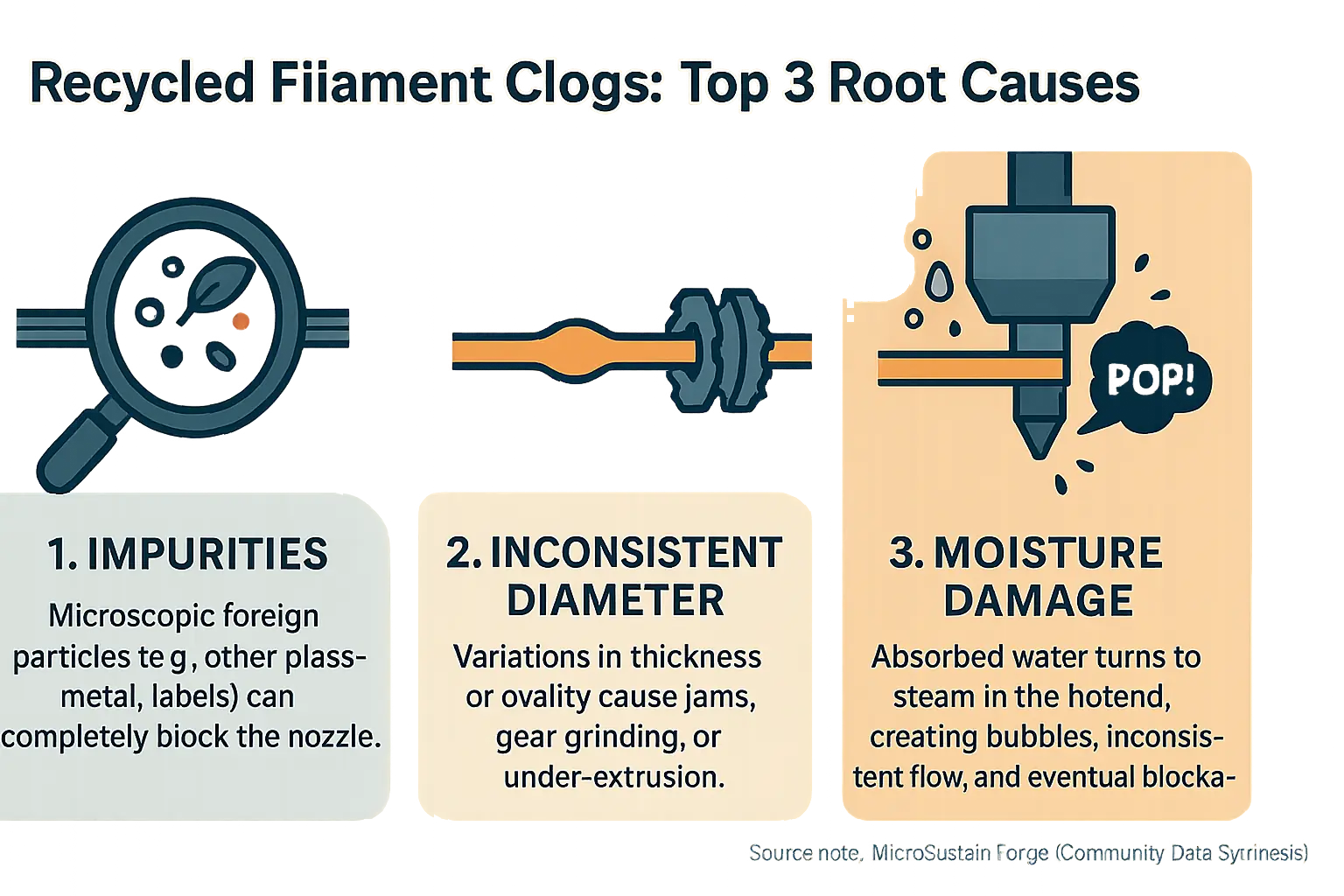 Infographic with icons: Top 3 causes of recycled filament clogs - Impurities, Inconsistent Diameter, Moisture Damage.