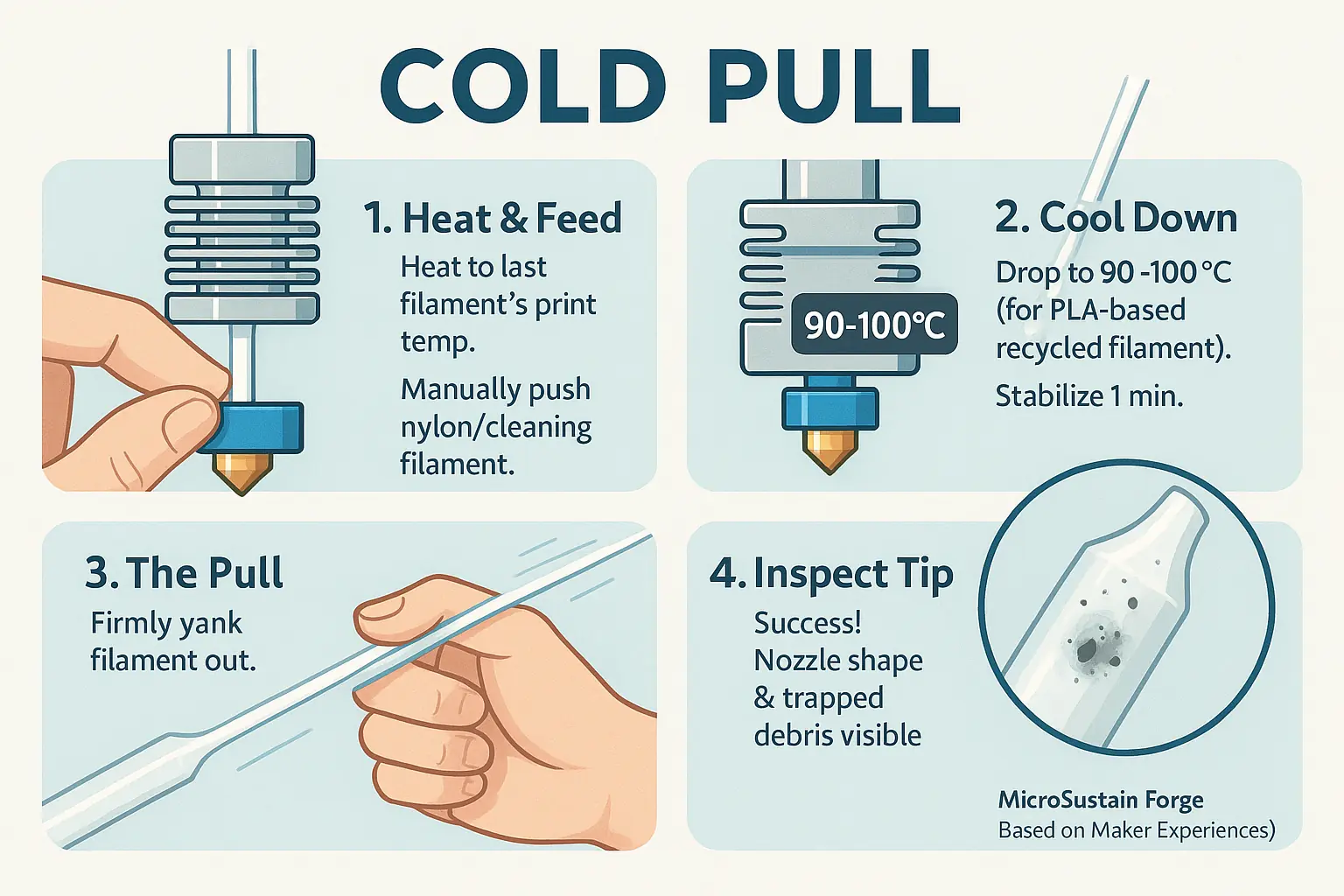 Infographic: Illustrated cold pull steps to unclog 3D printer nozzle, showing filament removal and resulting plug.