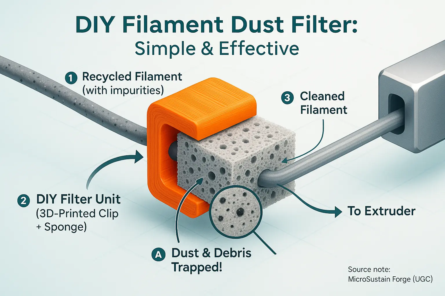 DIY filament filter design (sponge/fabric): arrows show filament cleaned on its path to extruder, preventing clogs.