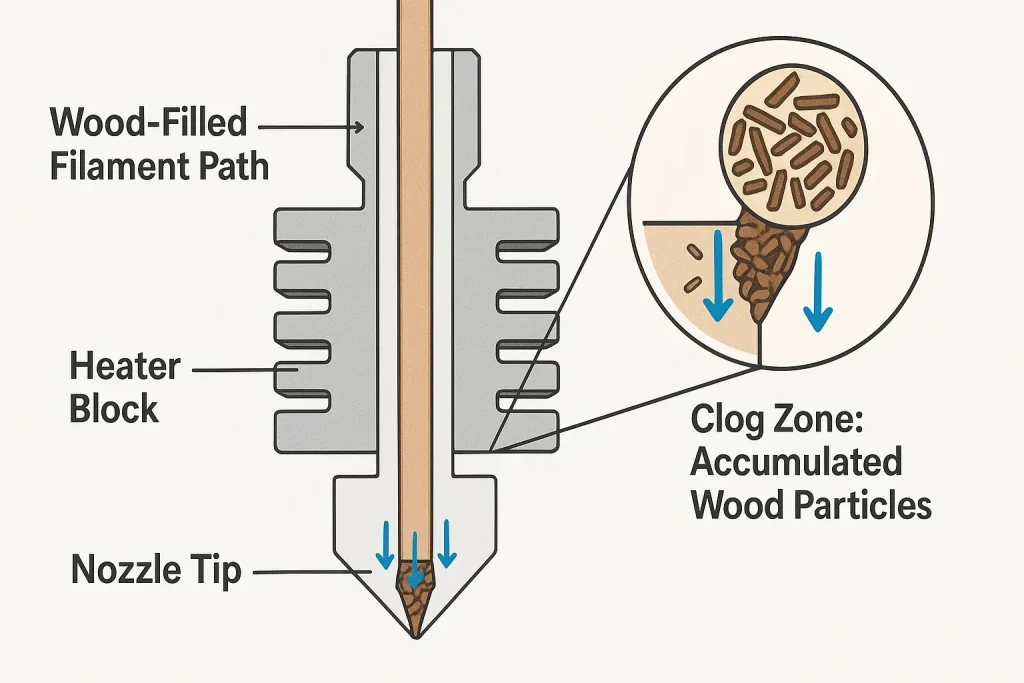 Infographic: Cross-section of 3D printer nozzle. Tiny wood particles in filament obstruct path, causing a clog.
