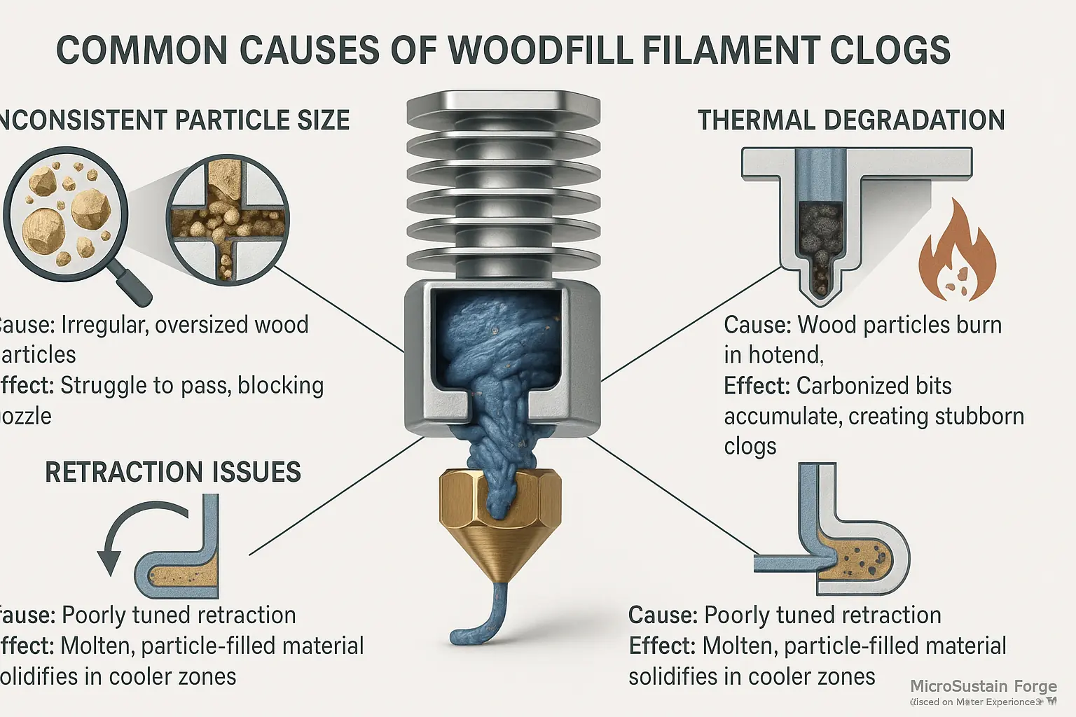Infographic: Central clogged nozzle. Icons show 3 woodfill clog causes: particle size, thermal degradation, and retraction