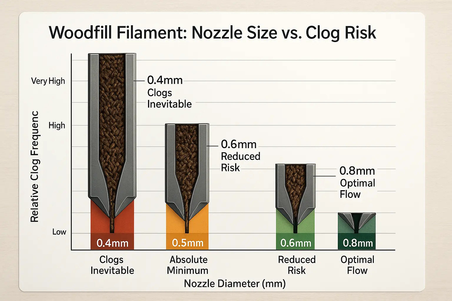 Bar chart: Recommended min. nozzle sizes for woodfill types. Larger nozzles for coarse woodfill reduce particle clogs.