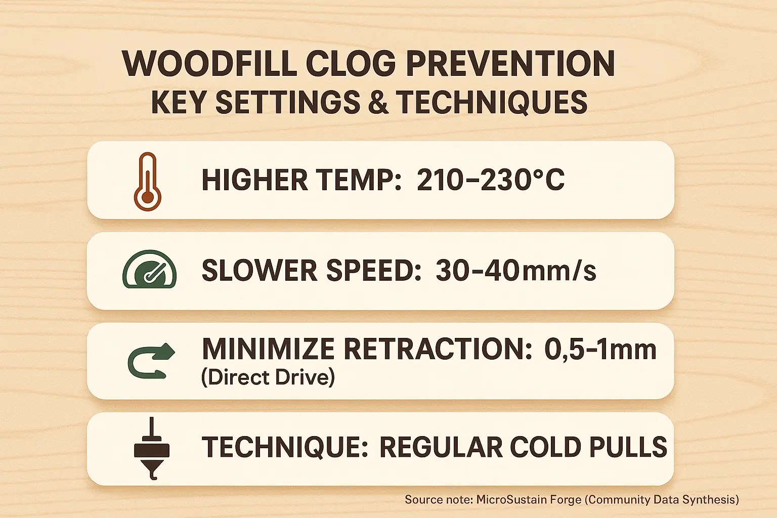 Infographic checklist: Key slicer settings & techniques (temp, speed, retraction, cold pulls) for preventing woodfill clogs.