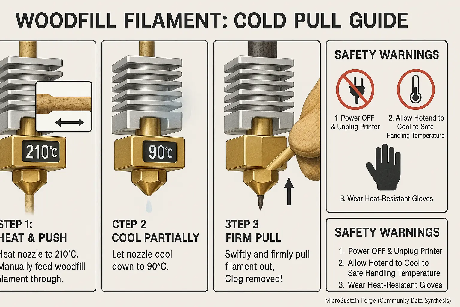 Infographic: Woodfill 3D printer nozzle cold pull. Visual steps with temperatures, actions, and safety icons for clog