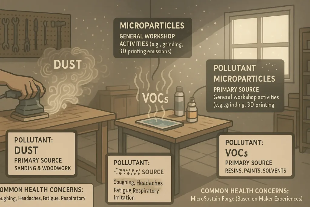 Infographic visualizing common workshop air pollutants (dust, VOCs, microparticles) & sources, showing filtration needs.
