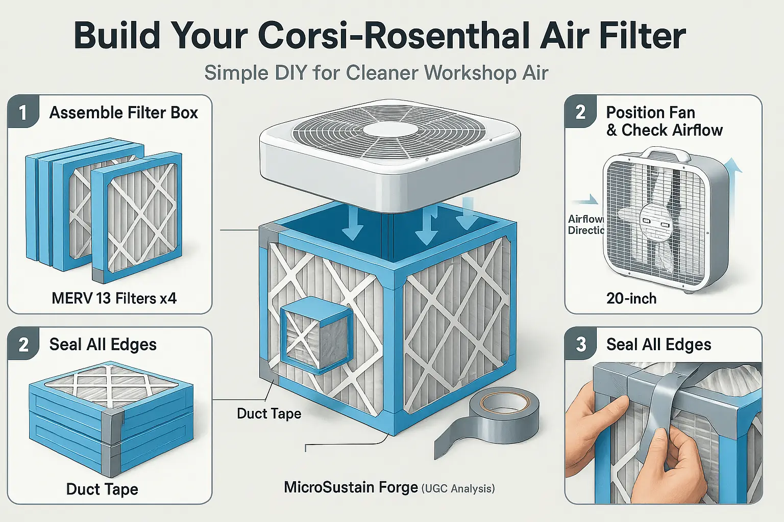 Infographic: Step-by-step assembly of a Corsi-Rosenthal box fan filter, highlighting MERV filters, fan, tape, and box.
