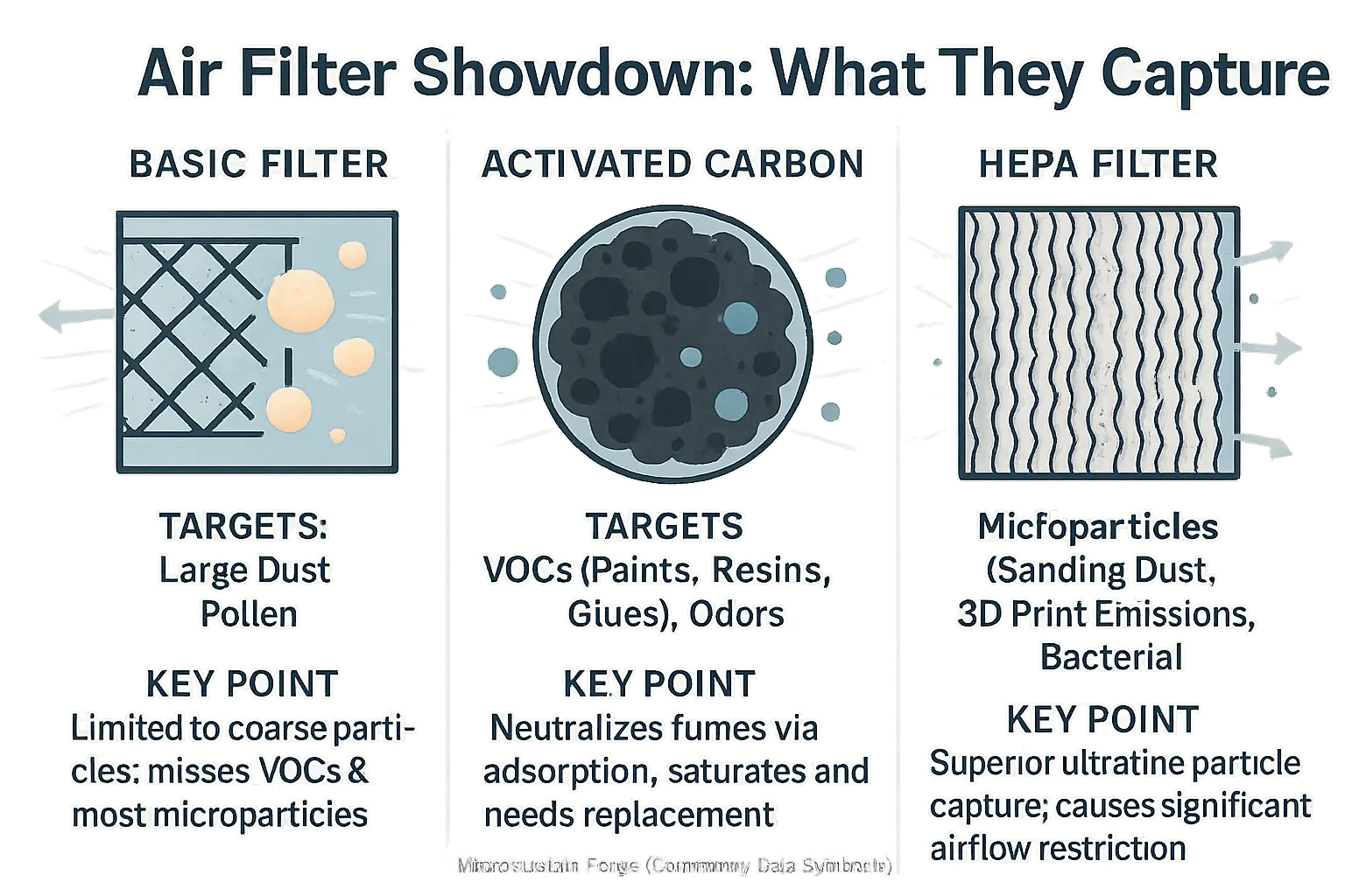 Comparison chart: MERV targets dust, Activated Carbon targets VOCs, and HEPA targets microparticles.