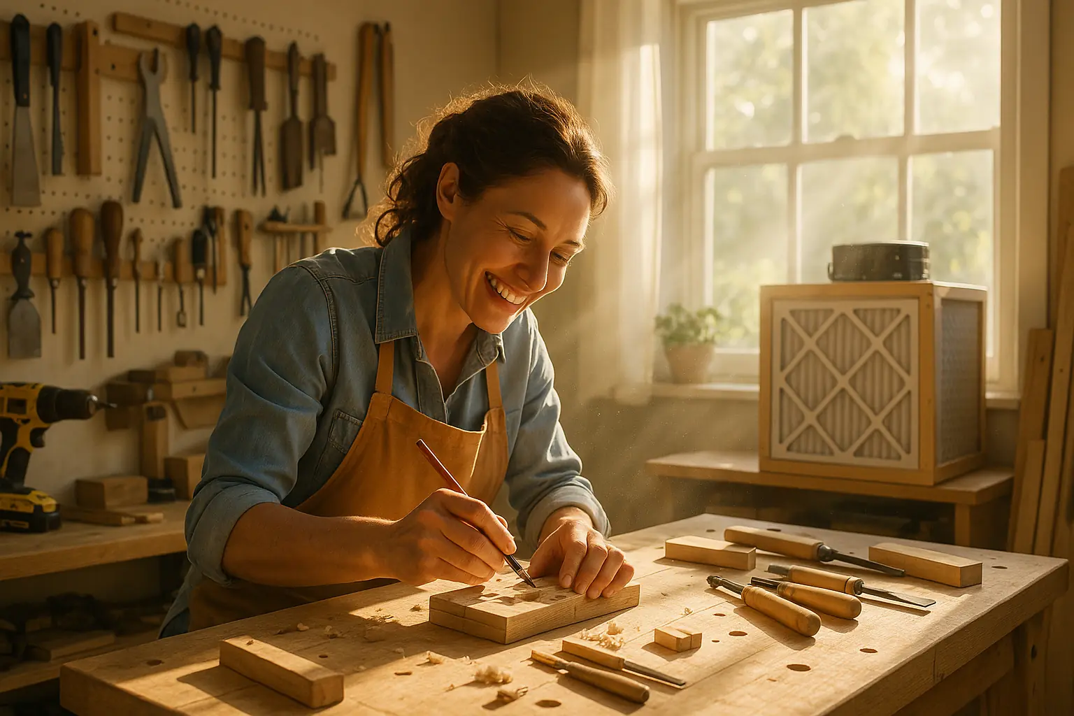 Cleaner, greener workshop air: happy maker in sunlit, clean workshop with DIY filter, breathing easy.