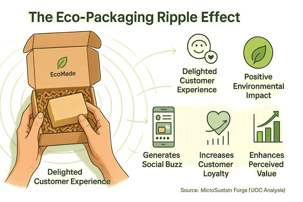 Eco-packaging infographic: unboxing, happy customer, leaf, brand logo, illustrating positive ripple on brand, loyalty,