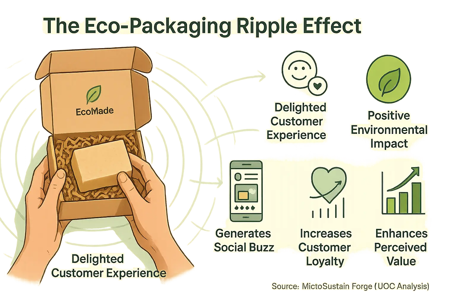 Eco-packaging infographic: unboxing, happy customer, leaf, brand logo, illustrating positive ripple on brand, loyalty,