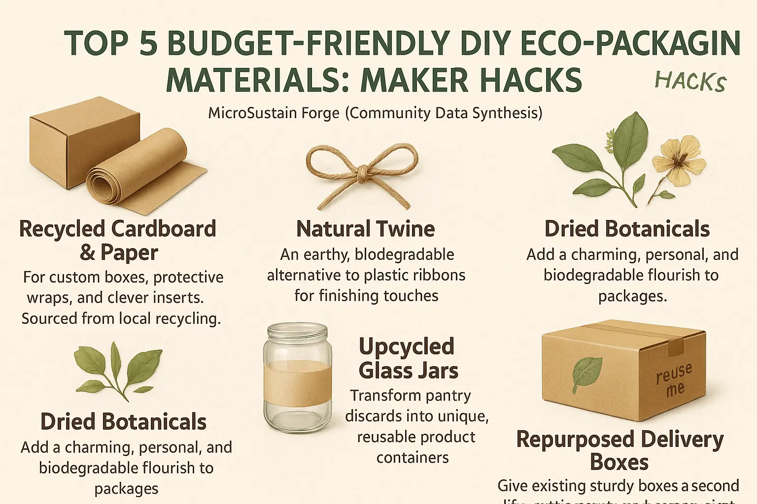 Infographic: Top 5 DIY eco-packaging materials (cardboard, twine, glass, fabric, leaf) with creative, budget-friendly uses.