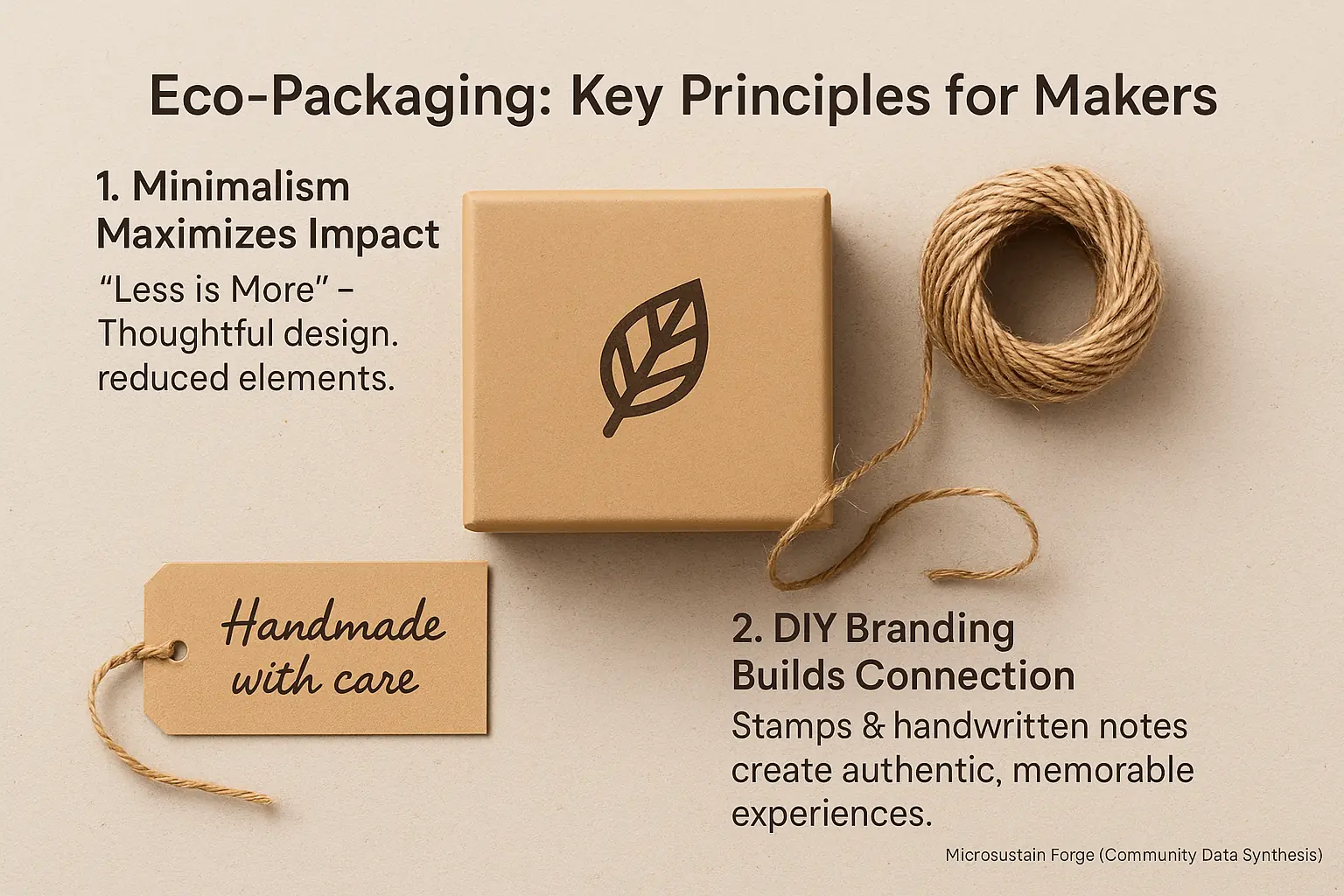 Minimalist eco-packaging for makers: DIY stamped box, natural twine, handwritten note. Showcases clean lines, natural