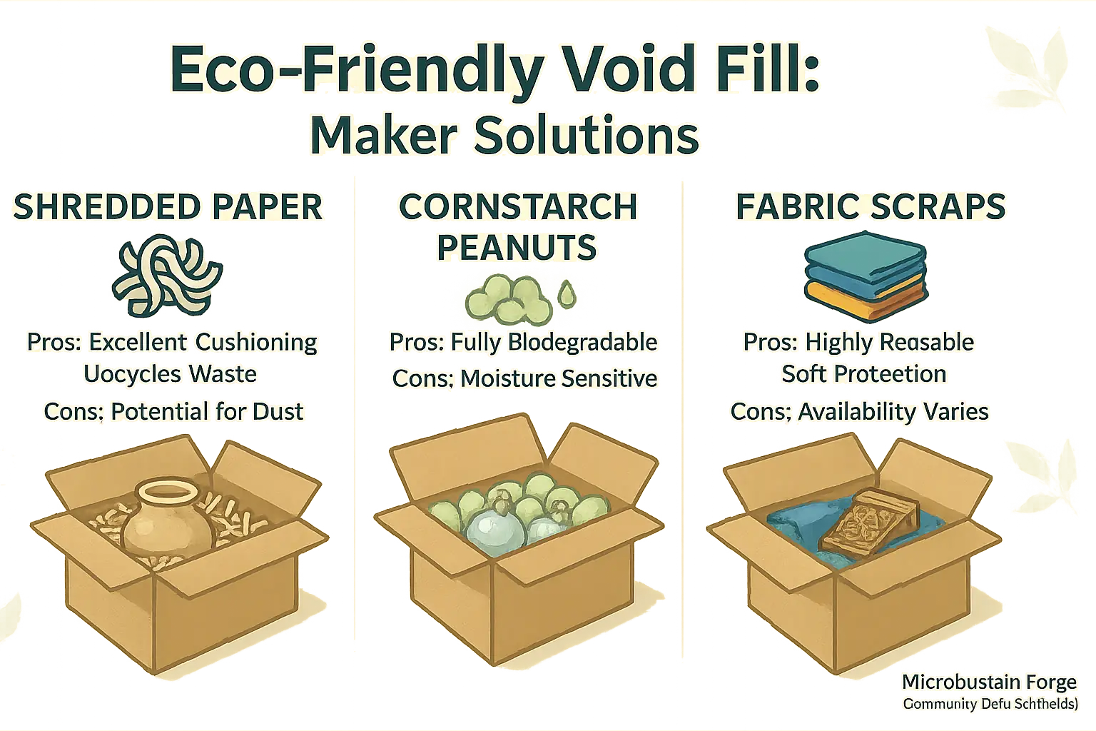 Infographic comparing eco void fills: shredded paper, cornstarch peanuts, fabric scraps. Focus on cushioning &