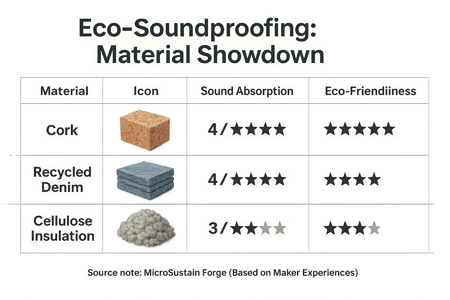 Chart: Recycled Denim (5/5 sound/eco) leads. Cork: sound 4/5, eco 5/5. Cellulose: sound 4/5, eco 4/5.