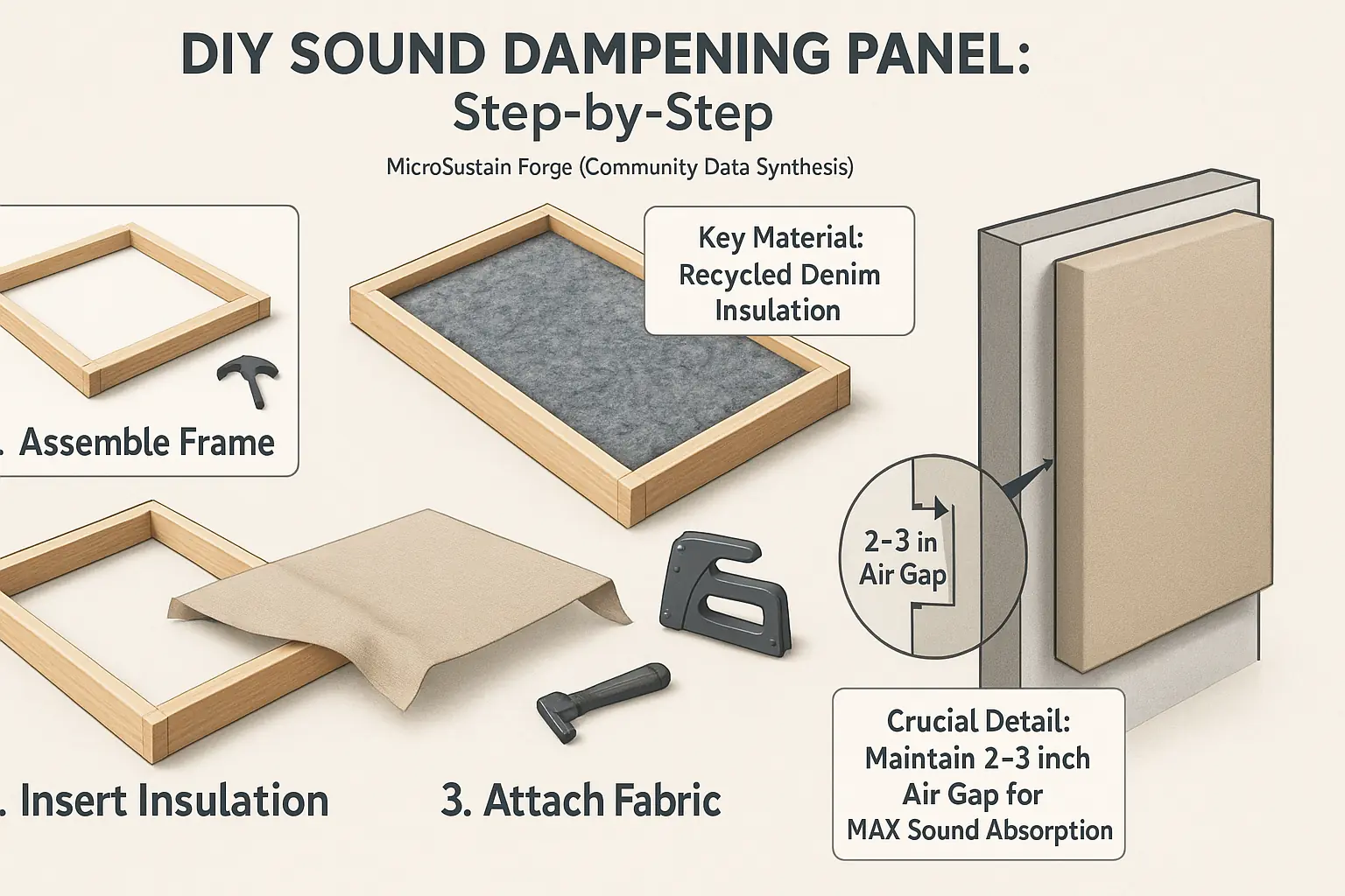 Infographic: Labeled steps to assemble DIY sound-dampening panels with wood frame & recycled denim insulation.