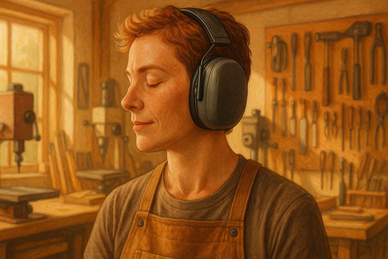 Maker in workshop, focused on their stylish hearing protection ensuring ear safety and comfort; tools softly blurred.