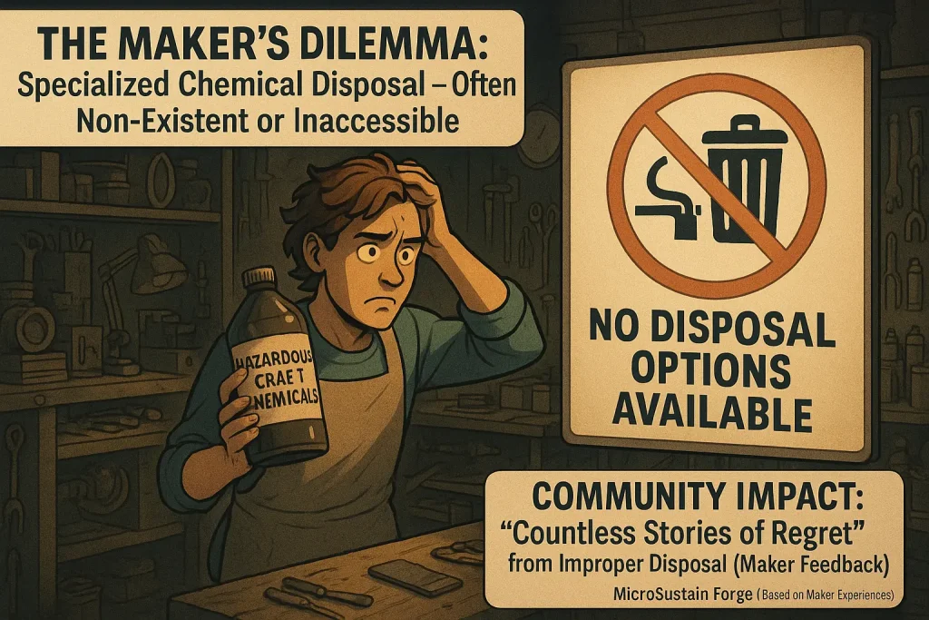 Infographic: Maker frustrated by chemical waste and 'no disposal' sign, illustrating the craft chemical disposal nightmare.