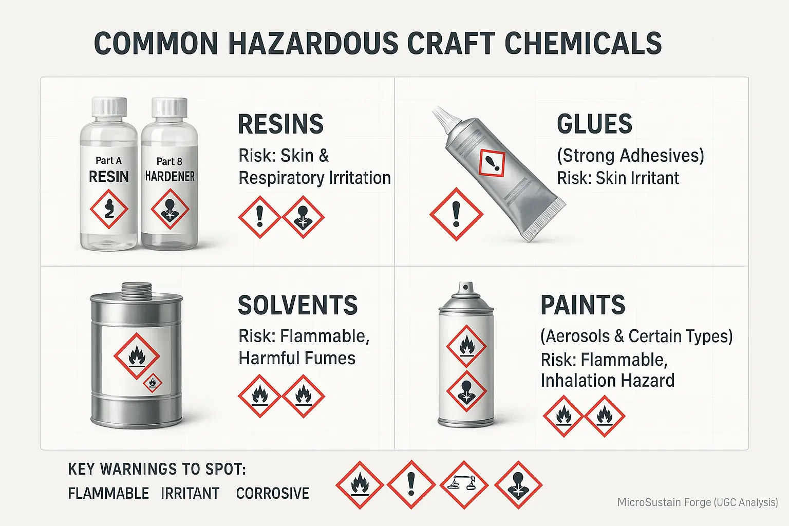 Visual checklist: hazardous craft chemicals (resins, glues, solvents, paints) with red warning flags & example