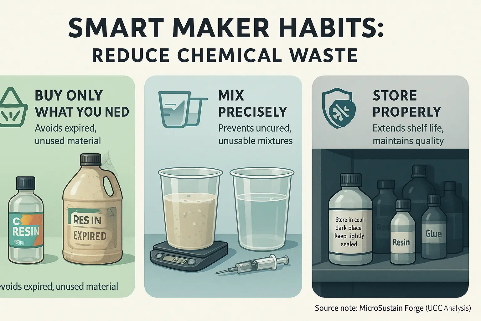 Infographic: Three simple maker habits (Buy Only What You Need, Mix Precisely, Store Properly) to prevent chemical waste.