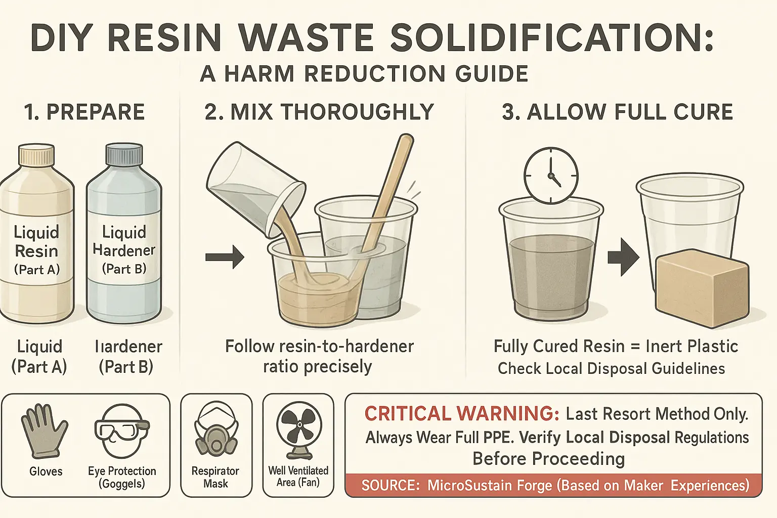Step-by-step DIY resin solidification infographic: mixing, curing to solid block for safe disposal, with safety icons.