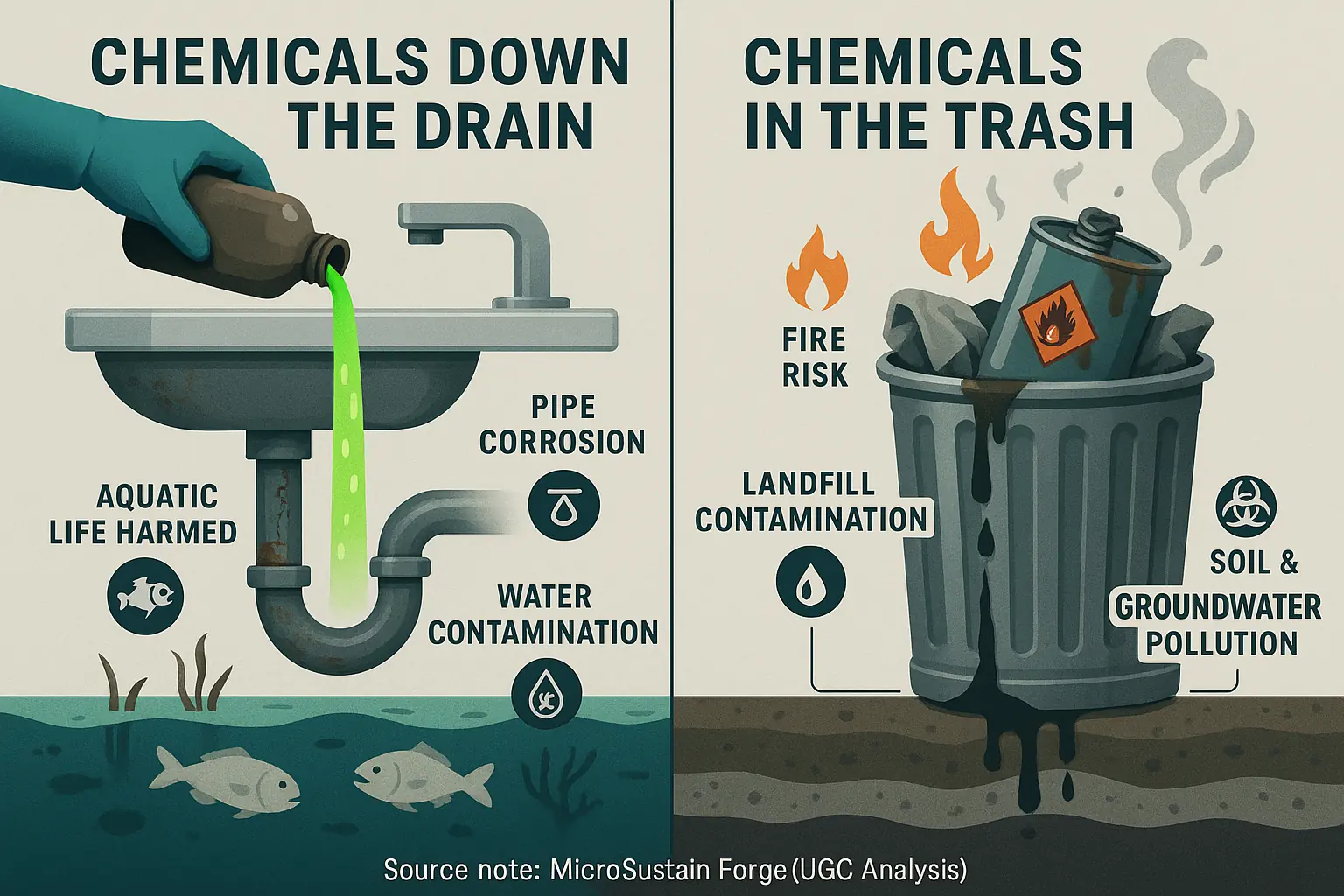 Infographic: Negative impacts of chemical disposal in drains/trash: pipe corrosion, water pollution, landfill contamination,