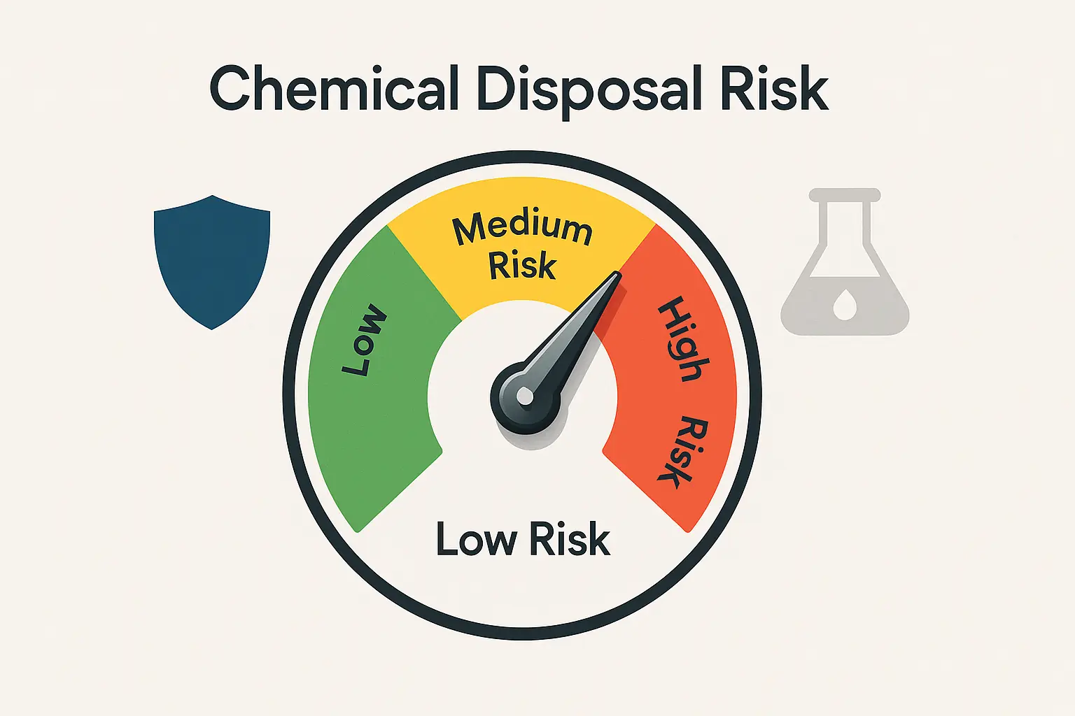Stylized risk assessment icon for craft chemical disposal quick check.