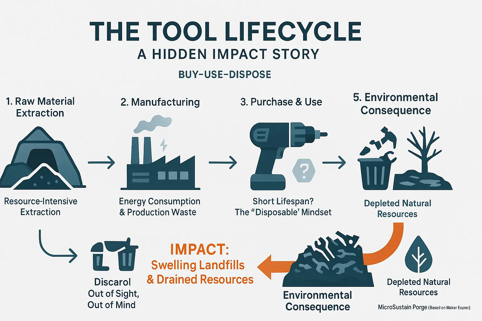 Infographic: Tool lifecycle from raw materials to disposal, icons highlighting energy consumption and waste at each stage.