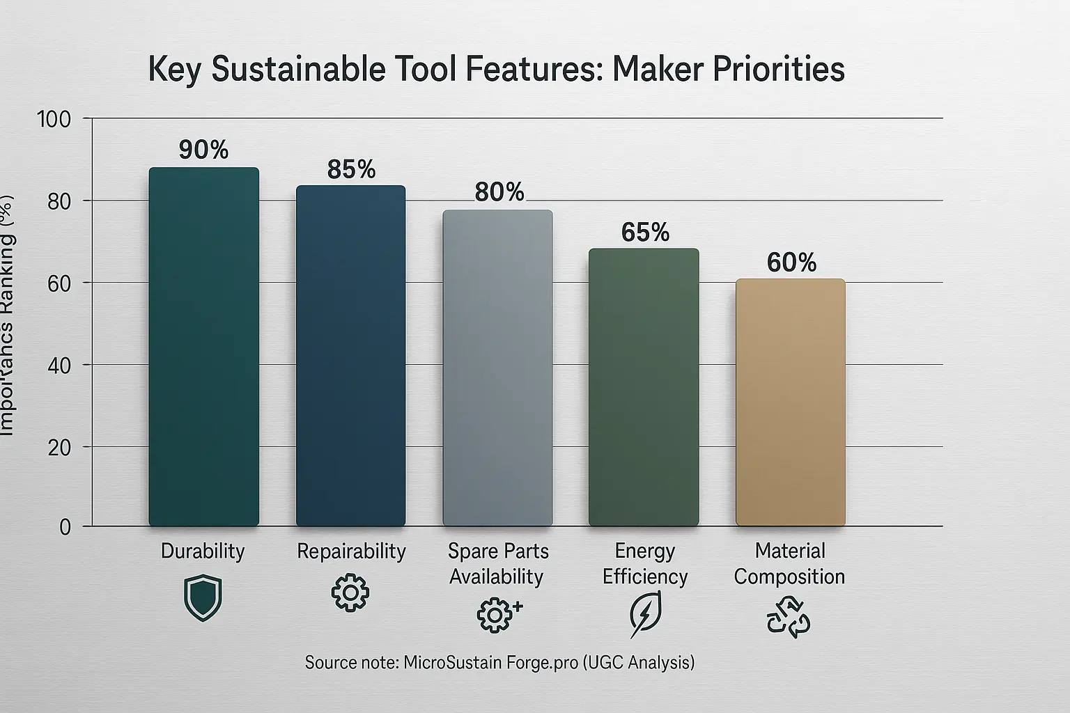 Bar chart: User-ranked importance of sustainable tool features (durability, repairability, parts, energy, materials) by UGC.