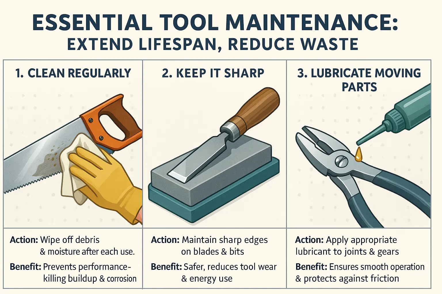 Infographic: Step-by-step visual guide to tool cleaning, sharpening, & lubrication for extending tool life.