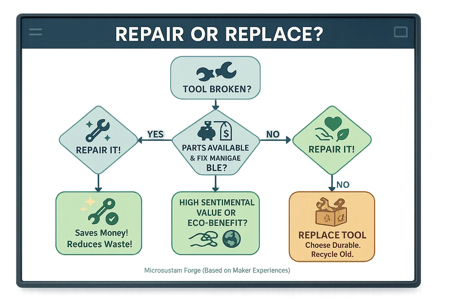 Decision flowchart for tool repair vs. replacement, with icons, weighing cost, parts, age, sentiment, & environmental impact.