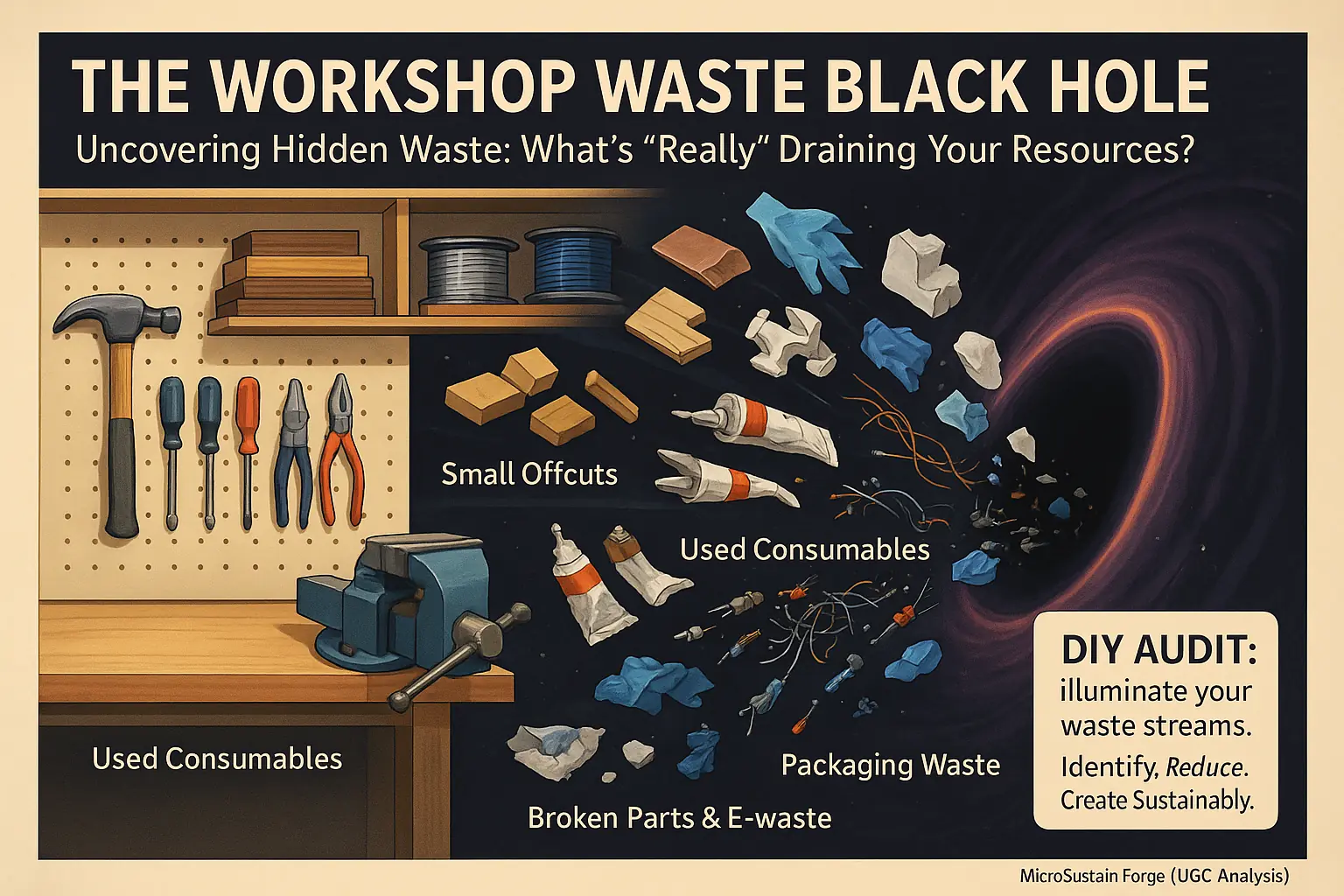 Stylized infographic: Workshop &#x27;waste black hole&#x27; consumes hidden maker waste, listing items for a DIY audit.