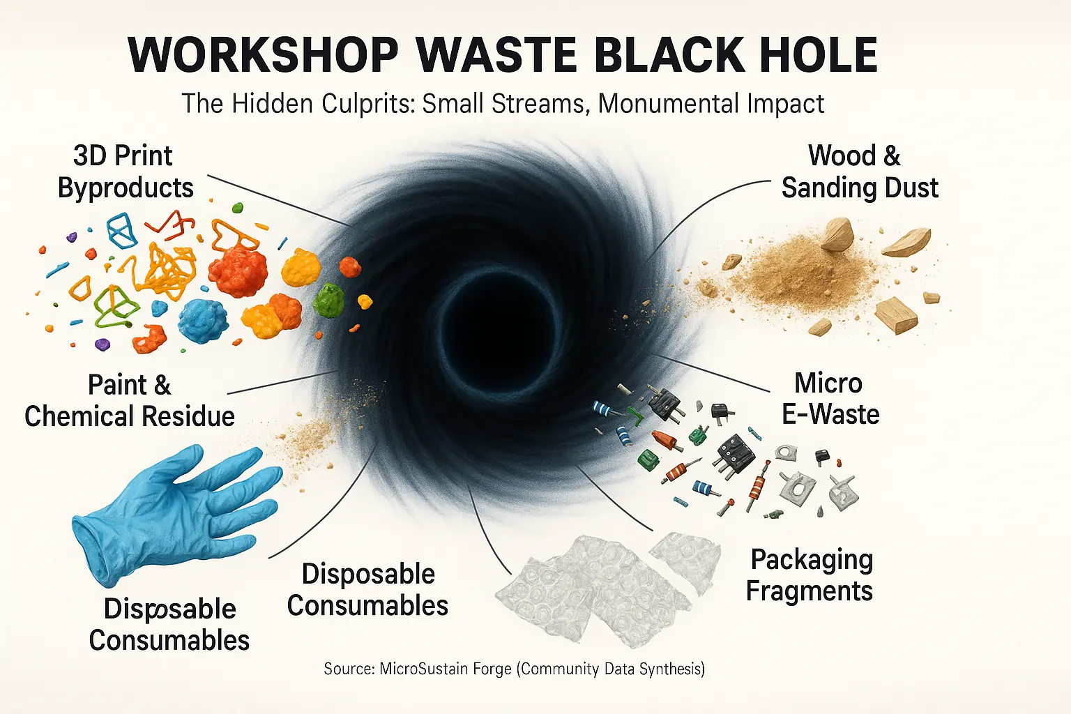 Abstract infographic: Workshop waste (filament, paint, wood, electronics) accumulates into a &#x27;black hole,&#x27; revealing hidden