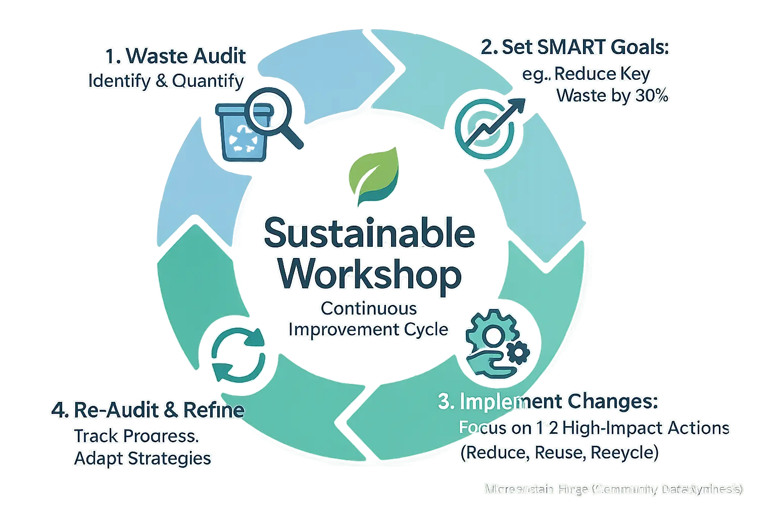 Circular diagram: Audit to Action to Sustainable Workshop, a continuous improvement process for workshop sustainability.