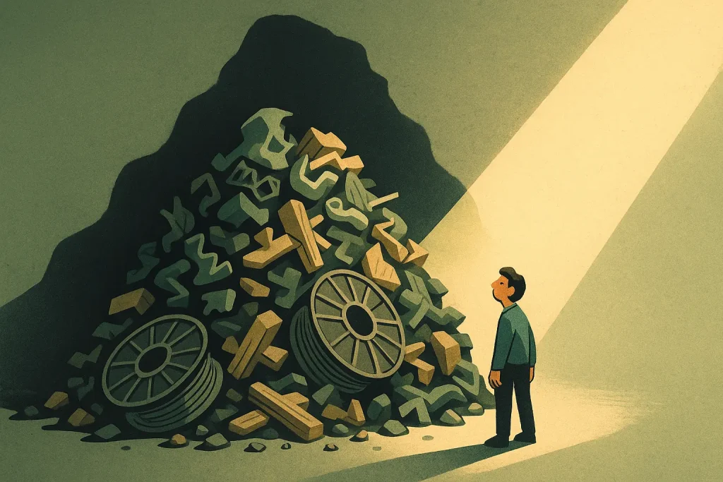 Workshop waste mountain casts a large shadow over a maker, symbolizing the challenge of minimizing a workshop's