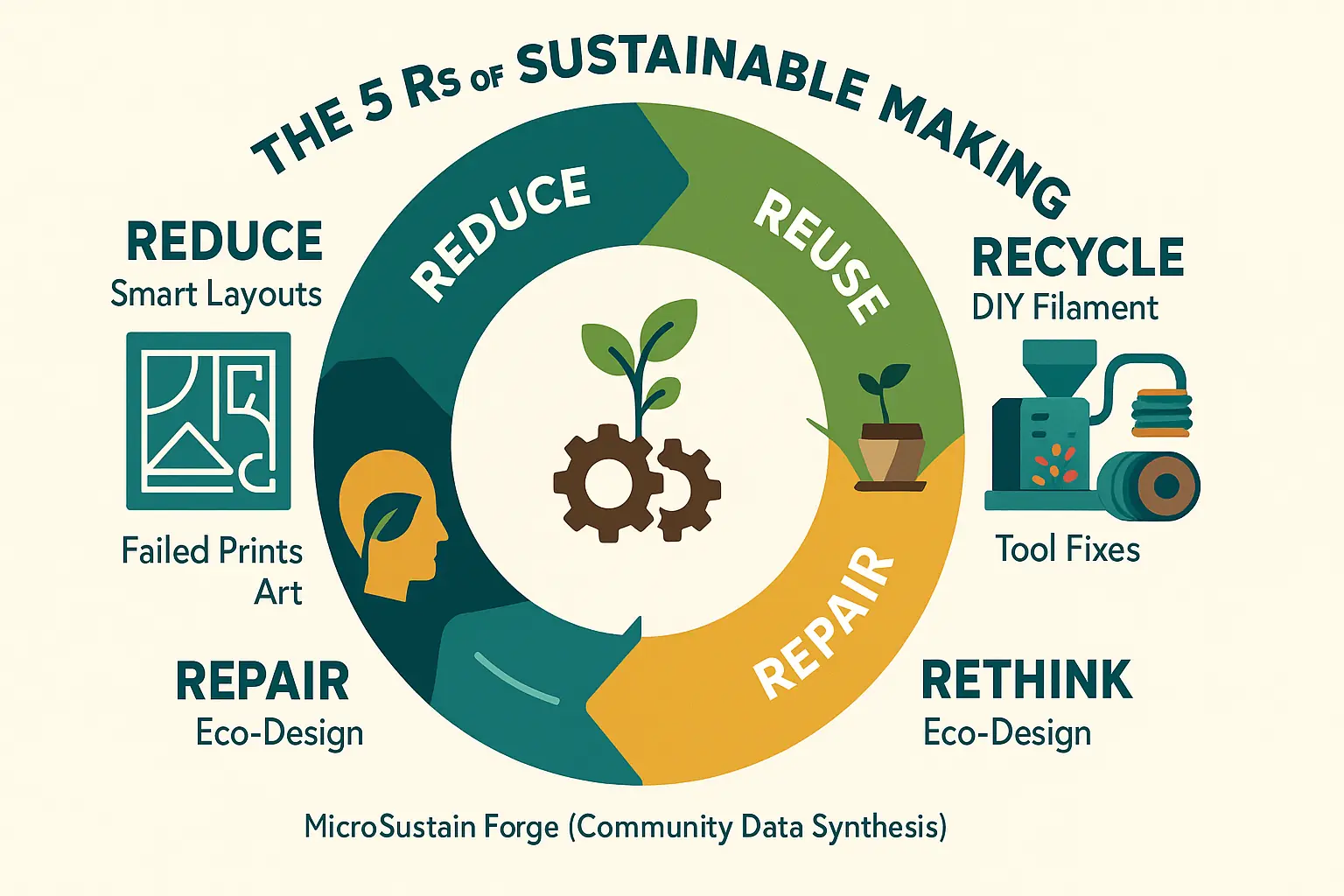 Circular diagram: 5 Rs of Sustainable Making (Reduce, Reuse, Recycle, Repair, Rethink) with icons & maker-focused examples.