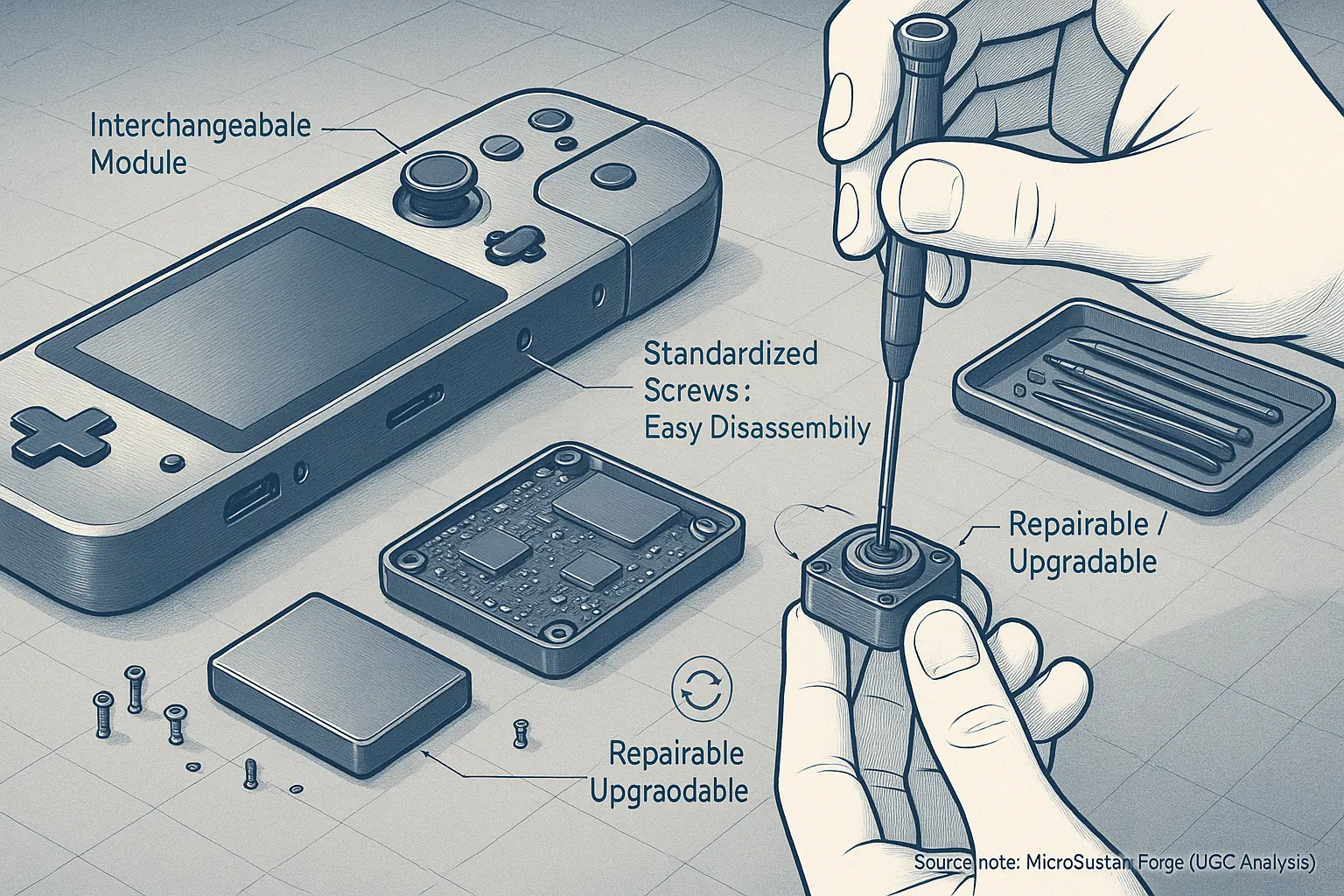 Blueprint: hands unscrewing a component from a modular device, illustrating design for disassembly and repair.