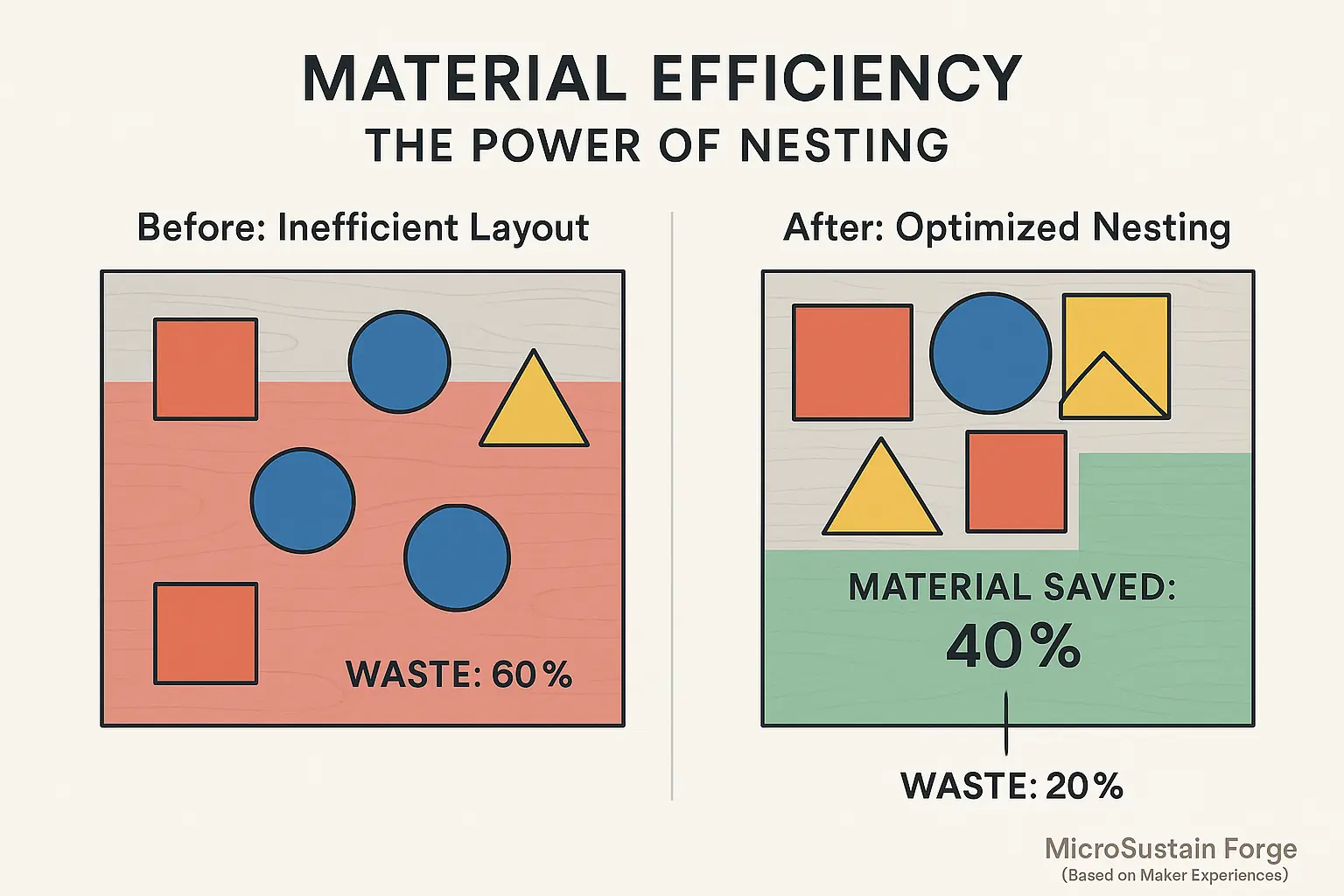 Material comparison: Left, inefficient layout, large red waste. Right, parts nested efficiently, green saved material &