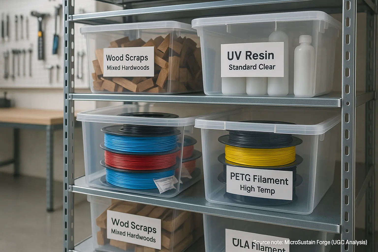 Neat, accessible workshop: airtight, labeled bins contain filament, wood, resin, preventing waste via smart storage.