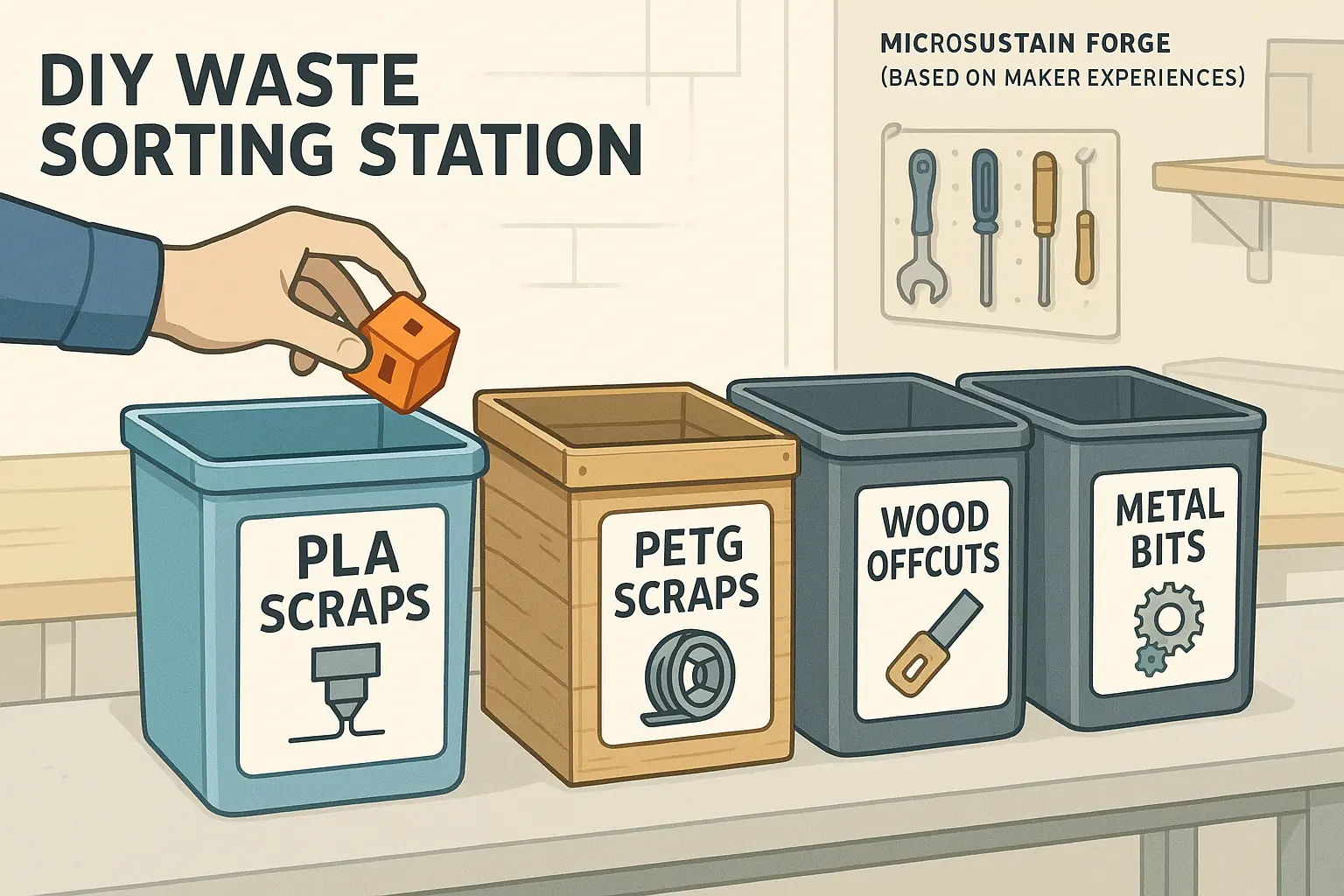 DIY workshop waste sorting station: clearly labeled bins (PLA, PETG, Wood, Metal) with icons; hand sorts 3D print scrap into