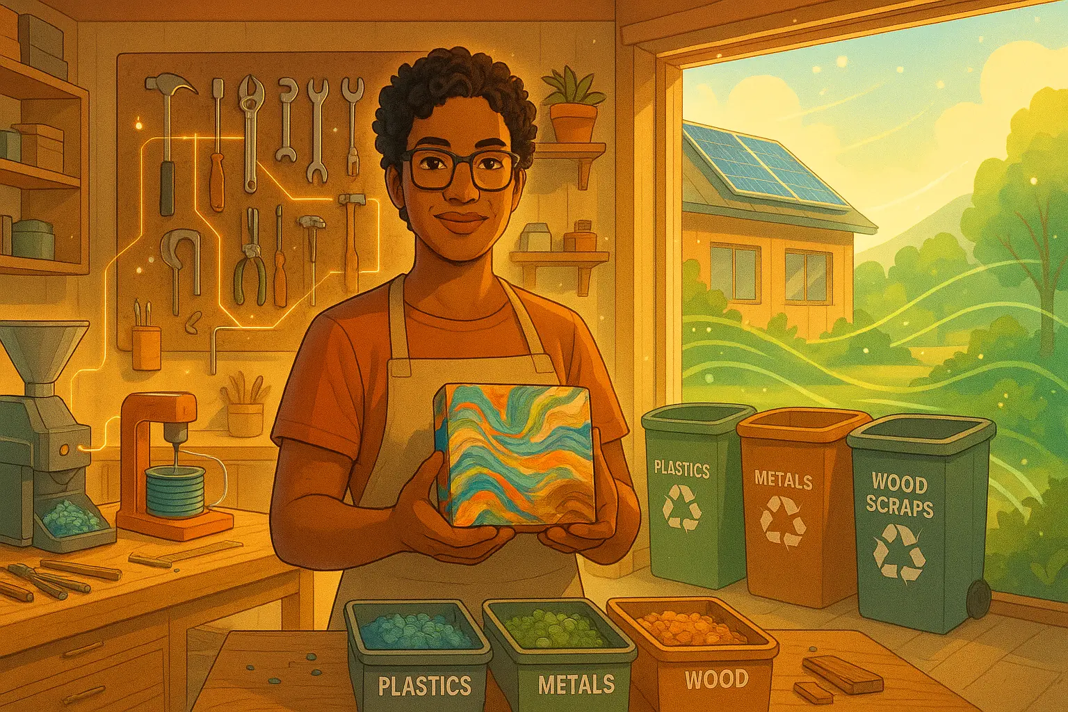 Clean, futuristic workshop: DIY plastic recycling, solar, maker with recycled item, forging its sustainable future impact.