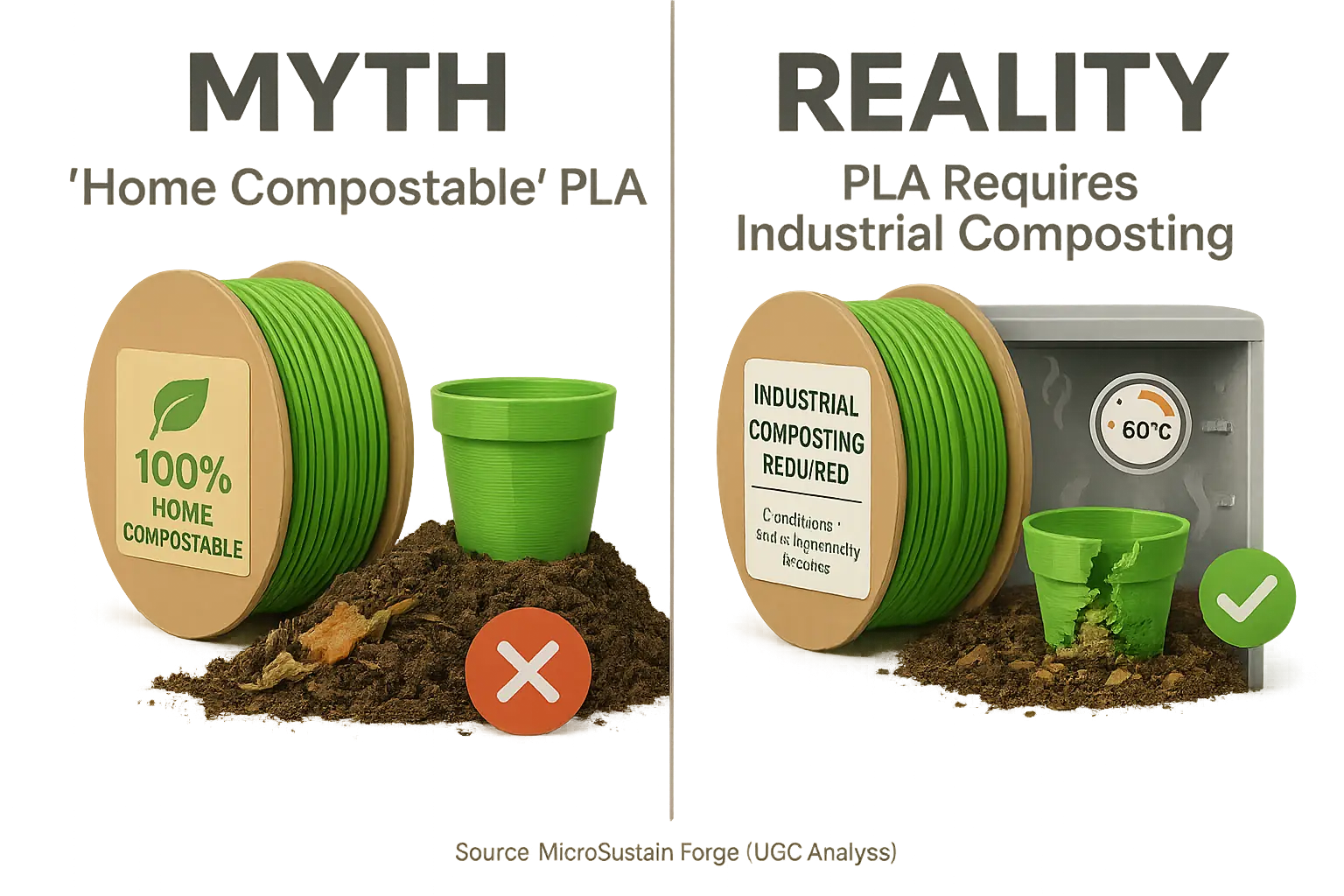 Infographic: Common greenwashing claims (e.g., PLA compostability) debunked by community using myth vs. reality icons.