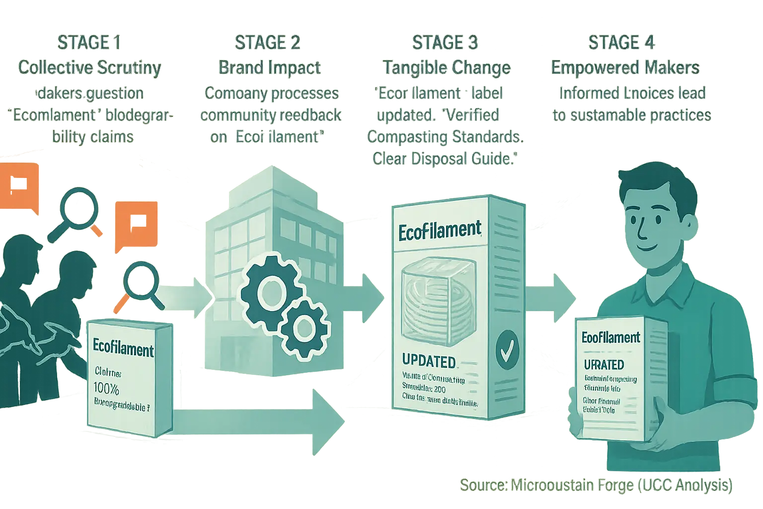 Diagram: Collective maker vigilance (user feedback) fuels a positive loop: transparency -> better products -> informed