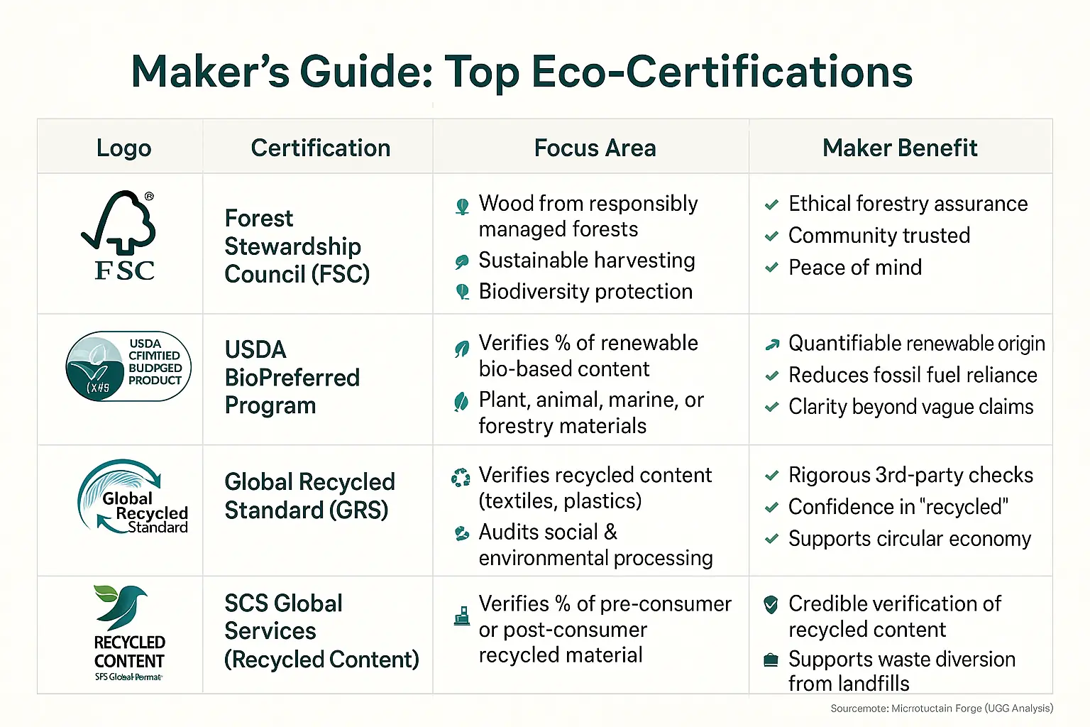 Eco-certifications guide for makers: Table comparing FSC, USDA BioPreferred, GRS, SCS Global Services by logo, scope,