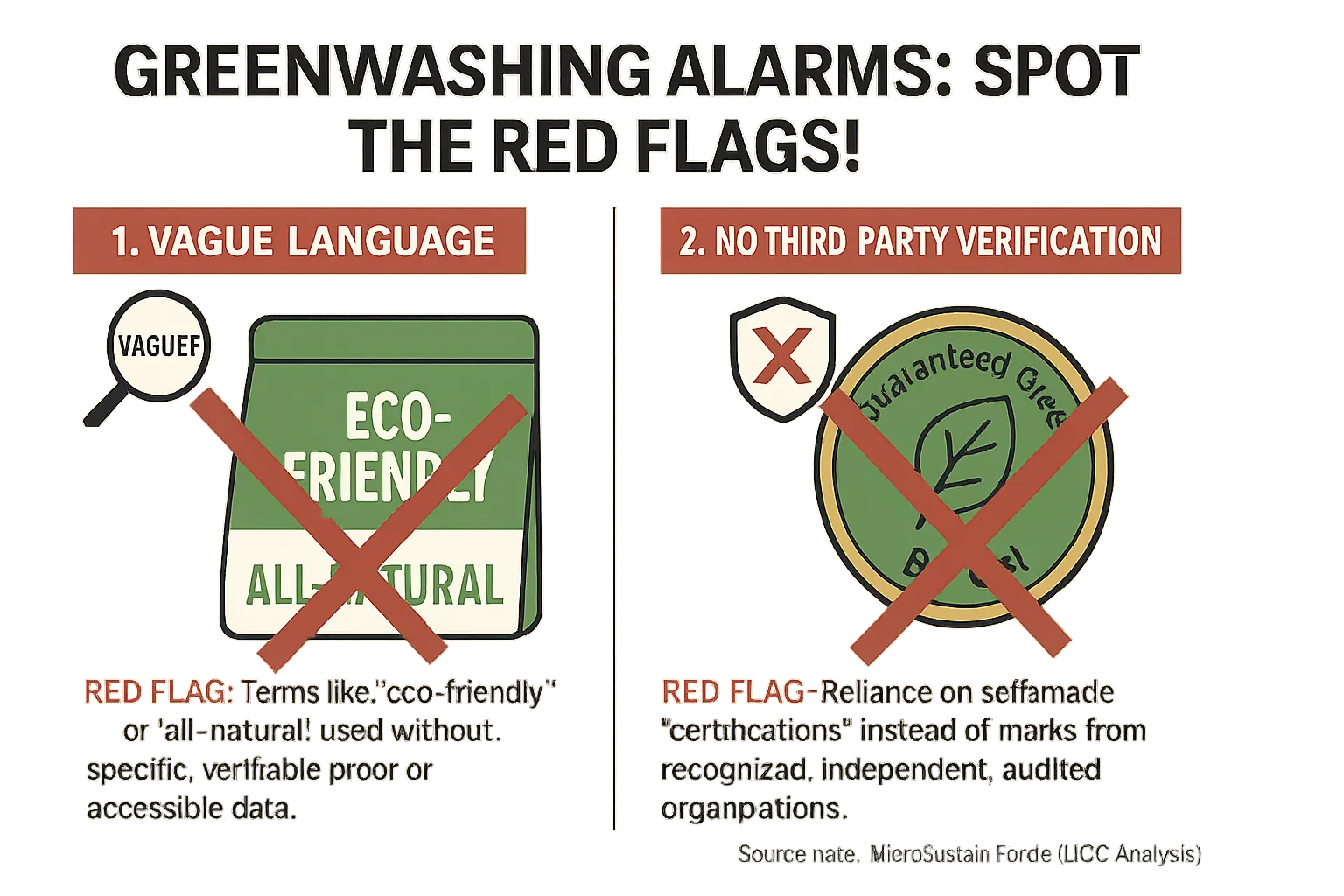 Infographic: 3-4 greenwashing red flags like vague terms &amp; no verification, shown with X marks, to spot misleading